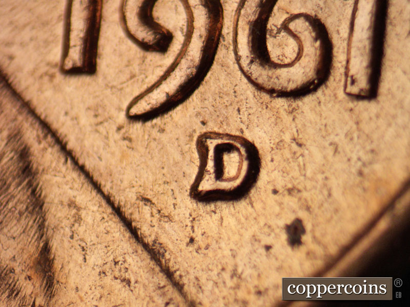 1961 Lincoln cent obverse, CopperCoins die 1961D•1MM•106.