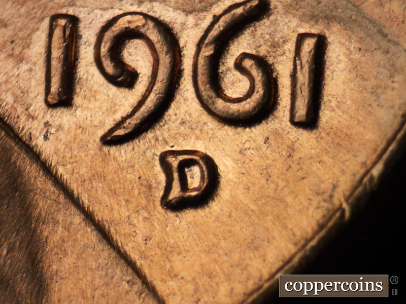 1961 Lincoln cent obverse, CopperCoins die 1961D•1MM•108.