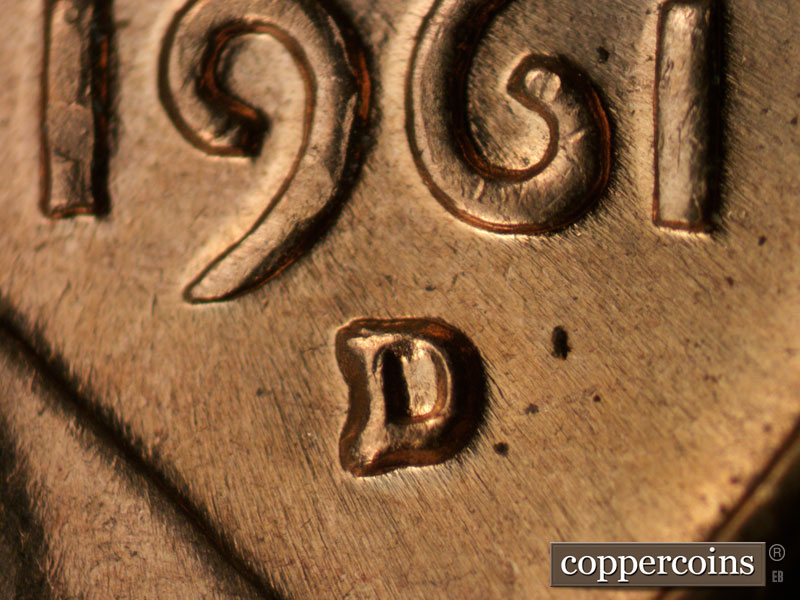 1961 Lincoln cent obverse, CopperCoins die 1961D•1MM•110.