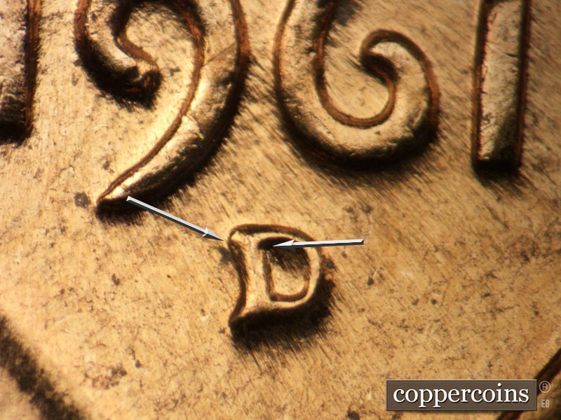 Die-stage C marker on 1961D•1MM•115 (1961 Repunched Mint Mark).