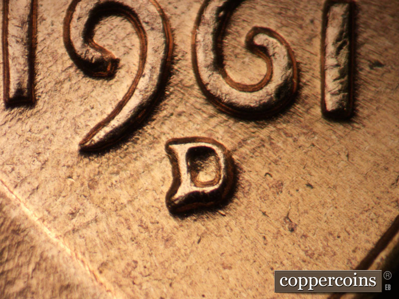 1961 Lincoln cent obverse, CopperCoins die 1961D•1MM•121.