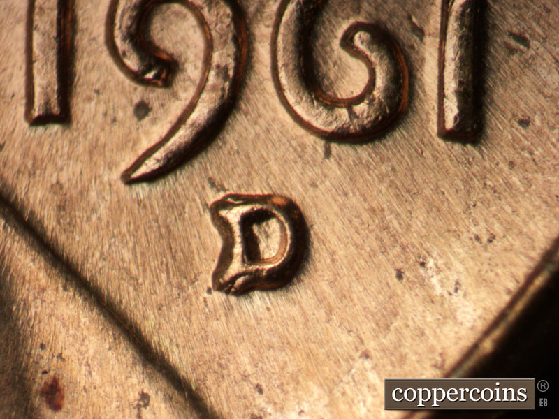 1961 Lincoln cent obverse, CopperCoins die 1961D•1MM•126.