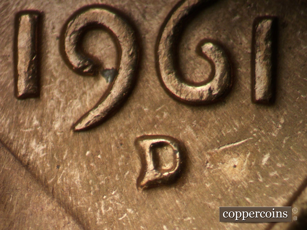 Die-stage C marker on 1961D•1MM•127 showing Closeup of repunched mintmark.