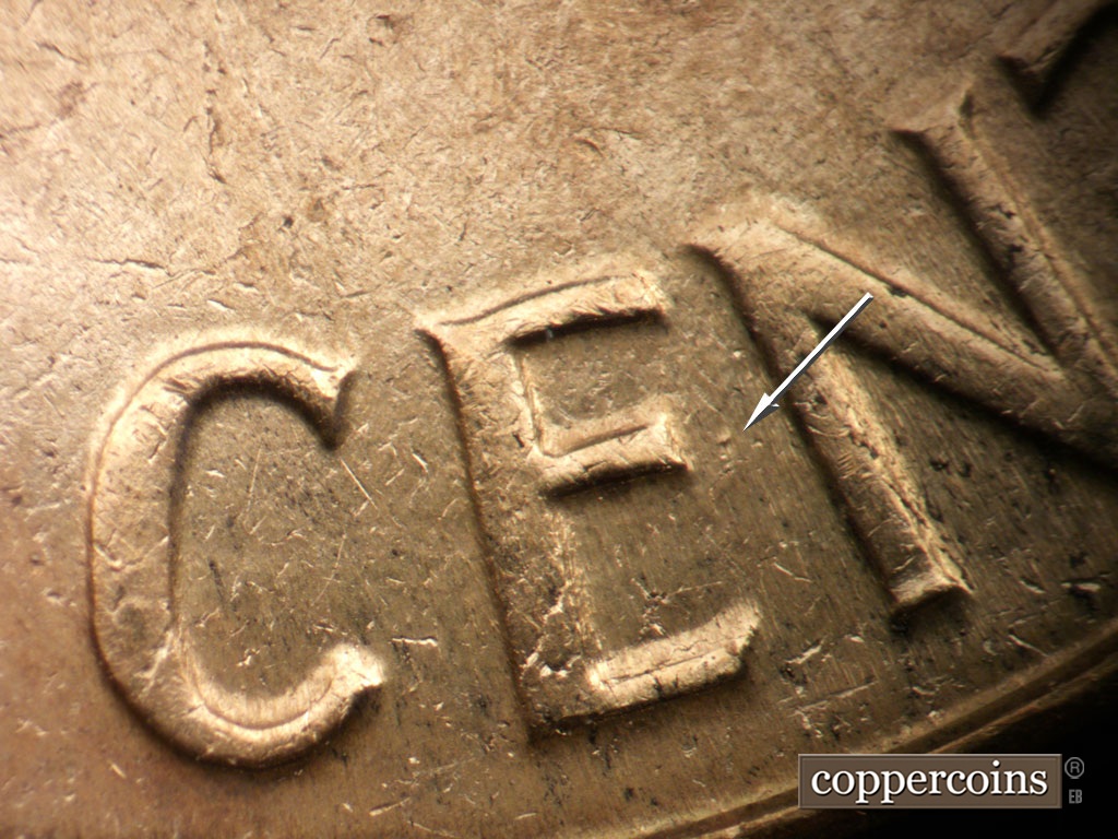 Die-stage C marker on 1961D•1MM•127 showing Die dot between EN in CENT.