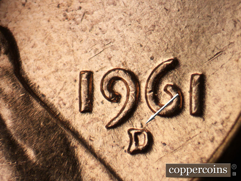 Die-stage B marker on 1961D•1MM•128 (1961 Repunched Mint Mark).