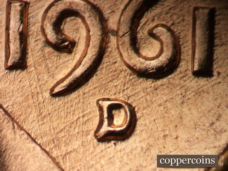 1961 Lincoln cent obverse, CopperCoins die 1961D•1MM•131.