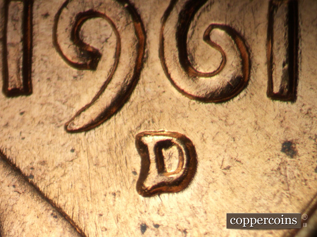 Die-stage B marker on 1961D•1MM•135 showing Closeup of repunched mintmark.