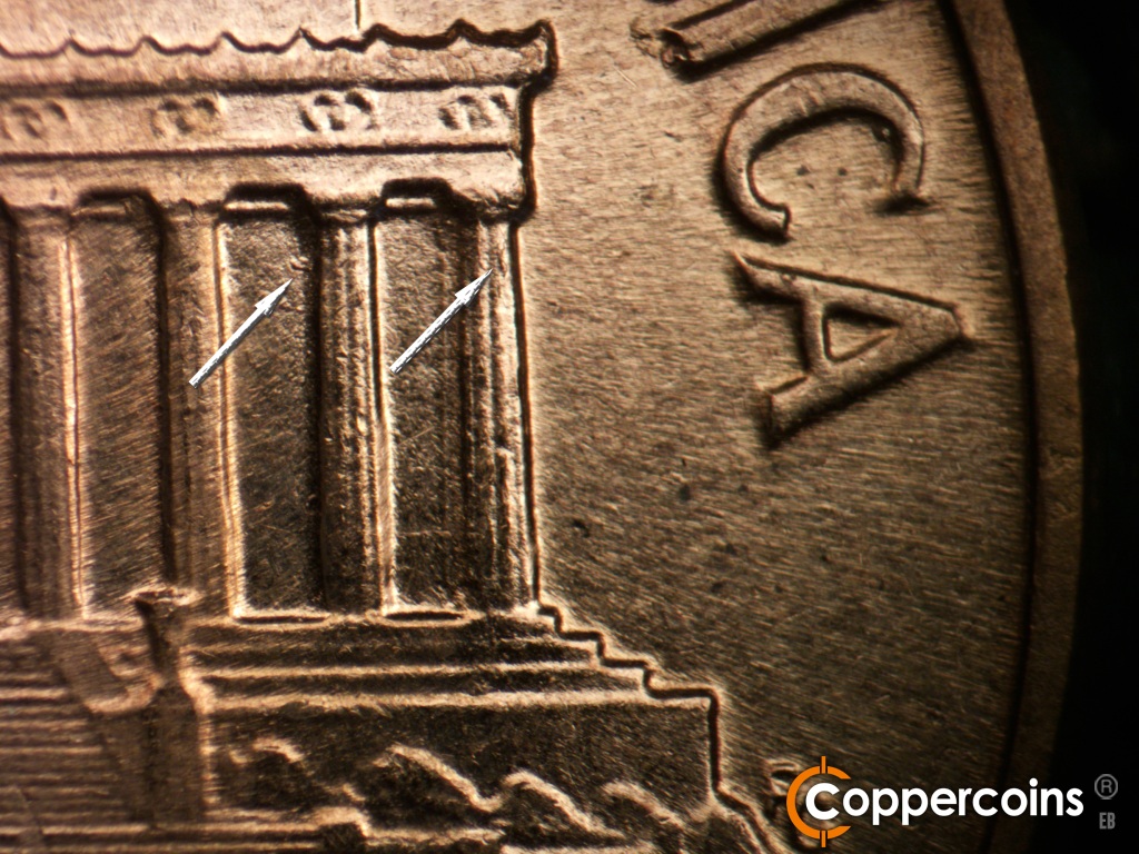 Die-stage B marker on 1961D•1MM•140 showing Small die gouge from top of column 11. Small die crack on column 12.