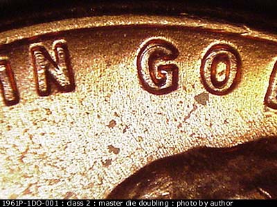 Die-stage B marker on 1961P•1DO•001 (1961 Doubled Die Obverse).
