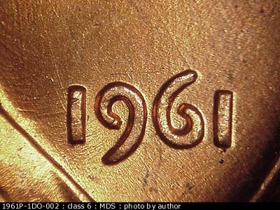 1961 Lincoln cent obverse, CopperCoins die 1961P•1DO•002.