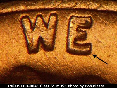 Die-stage B marker on 1961P•1DO•004 (1961 Doubled Die Obverse).
