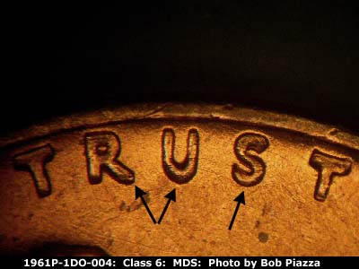 Die-stage B marker on 1961P•1DO•004 (1961 Doubled Die Obverse).