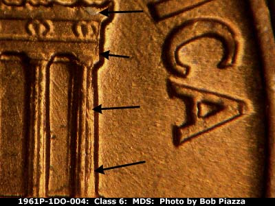 Die-stage B marker on 1961P•1DO•004 (1961 Doubled Die Obverse).