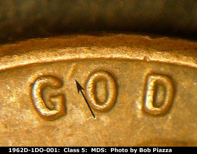 Die-stage B marker on 1962D•1DO•001 (1962 Doubled Die Obverse).
