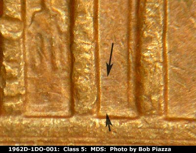 Die-stage B marker on 1962D•1DO•001 (1962 Doubled Die Obverse).