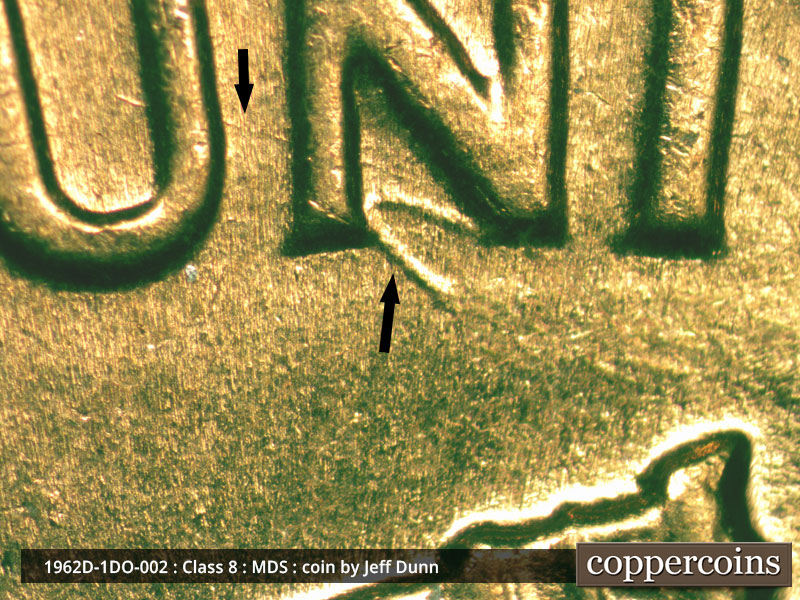 Die-stage B marker on 1962D•1DO•002 (1962 Doubled Die Obverse).