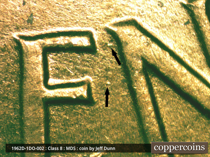 Die-stage B marker on 1962D•1DO•002 (1962 Doubled Die Obverse).