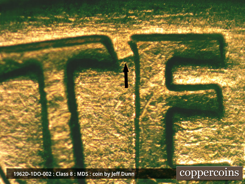 Die-stage B marker on 1962D•1DO•002 (1962 Doubled Die Obverse).