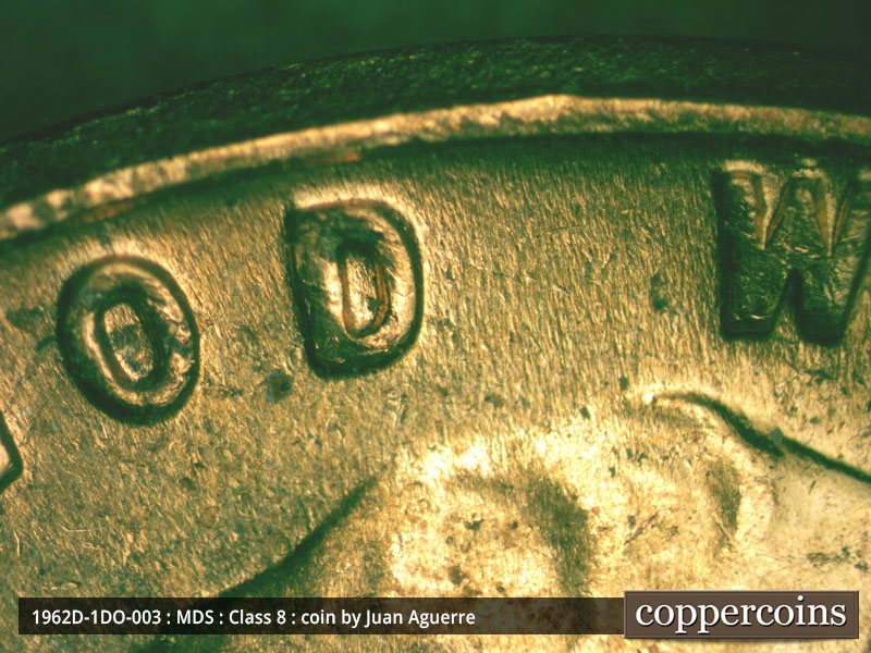 Die-stage B marker on 1962D•1DO•003 (1962 Doubled Die Obverse).