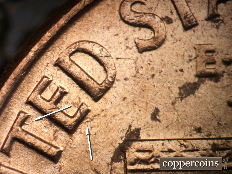 Die-stage B marker on 1962D•1DO•005 (1962 Doubled Die Obverse).
