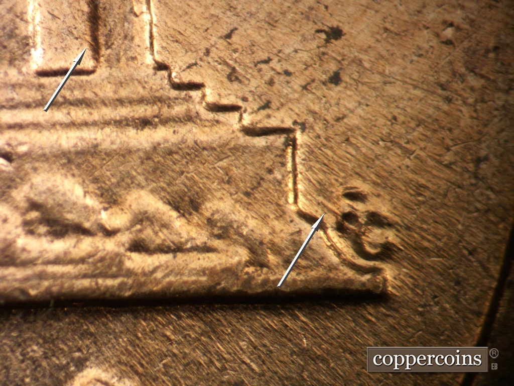 Die-stage B marker on 1962D•1DO•006 showing Small di scratch in lower bay 11. NW die scratch from F in FG.