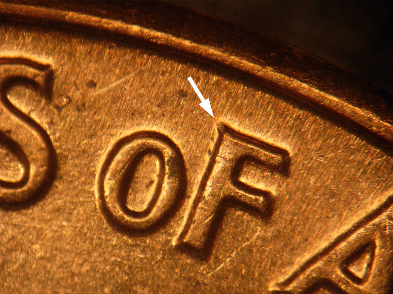 Die-stage B marker on 1962D•1DR•001 (1962 Doubled Die Reverse).