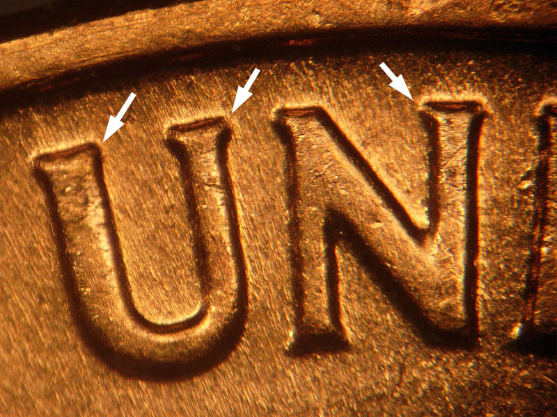 Die-stage B marker on 1962D•1DR•001 (1962 Doubled Die Reverse).