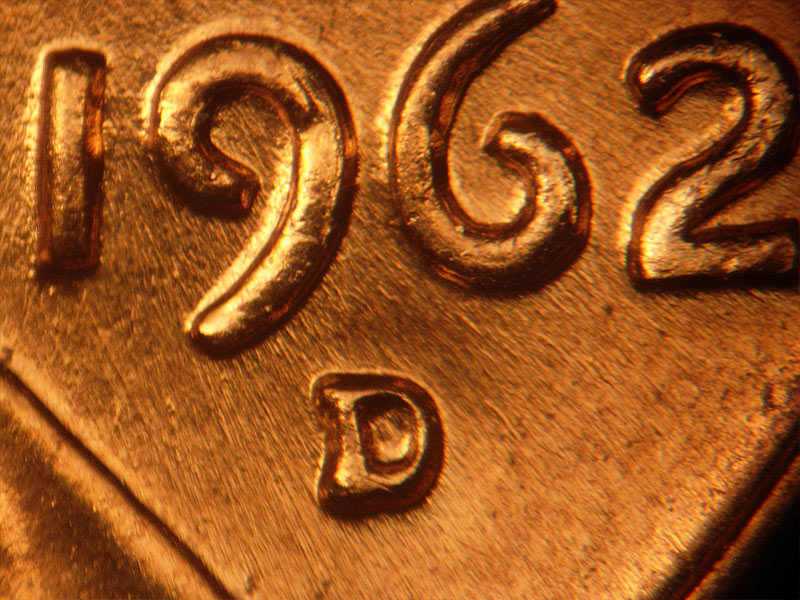 Die-stage B marker on 1962D•1DR•001 (1962 Doubled Die Reverse).