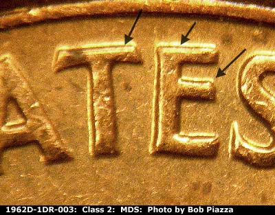 Die-stage B marker on 1962D•1DR•003 (1962 Doubled Die Reverse).