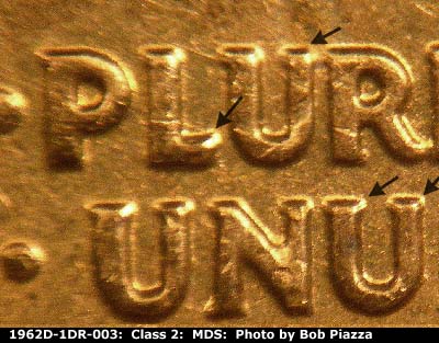Die-stage B marker on 1962D•1DR•003 (1962 Doubled Die Reverse).