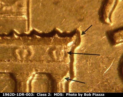 Die-stage B marker on 1962D•1DR•003 (1962 Doubled Die Reverse).