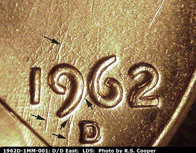 Die-stage C marker on 1962D•1MM•001 (1962 Repunched Mint Mark).