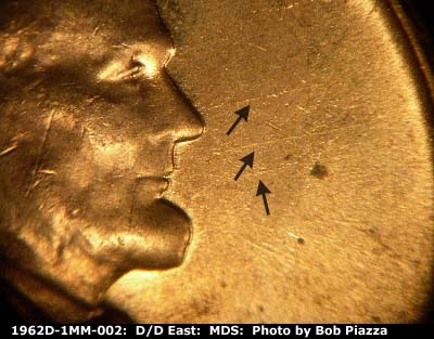 Die-stage B marker on 1962D•1MM•002 (1962 Repunched Mint Mark).