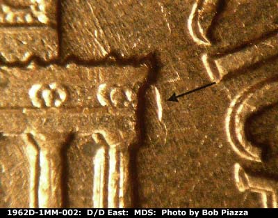 Die-stage B marker on 1962D•1MM•002 (1962 Repunched Mint Mark).