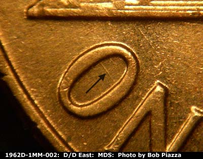 Die-stage B marker on 1962D•1MM•002 (1962 Repunched Mint Mark).