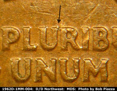 Die-stage B marker on 1962D•1MM•004 (1962 Repunched Mint Mark).