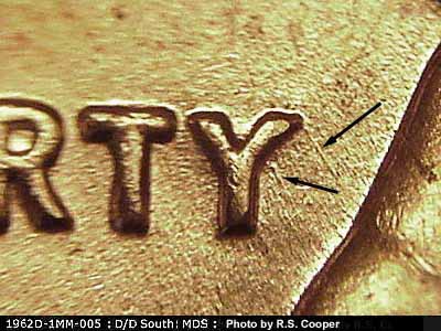 Die-stage B marker on 1962D•1MM•005 (1962 Repunched Mint Mark).