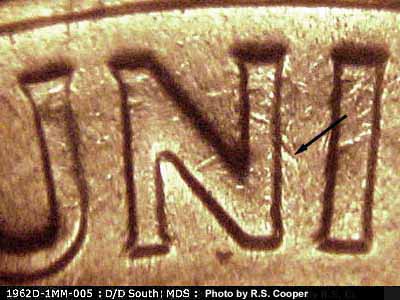 Die-stage B marker on 1962D•1MM•005 (1962 Repunched Mint Mark).