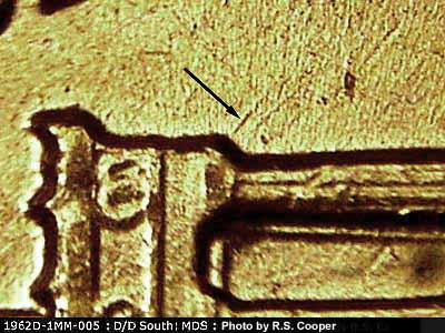 Die-stage B marker on 1962D•1MM•005 (1962 Repunched Mint Mark).