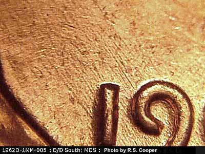 Die-stage B marker on 1962D•1MM•005 (1962 Repunched Mint Mark).