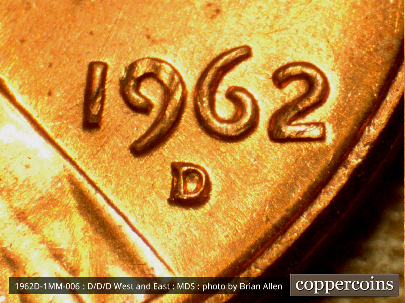 Die-stage B marker on 1962D•1MM•006 (1962 Repunched Mint Mark).