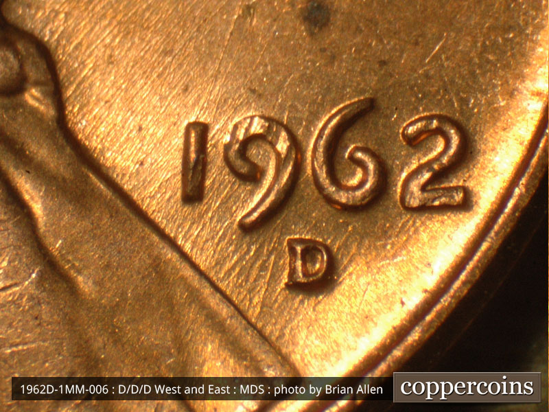 Die-stage B marker on 1962D•1MM•006 (1962 Repunched Mint Mark).