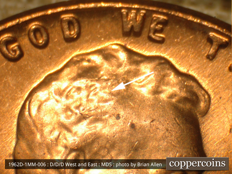 Die-stage B marker on 1962D•1MM•006 (1962 Repunched Mint Mark).