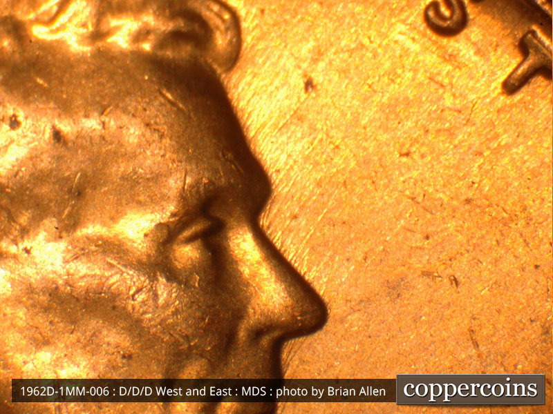 Die-stage B marker on 1962D•1MM•006 (1962 Repunched Mint Mark).