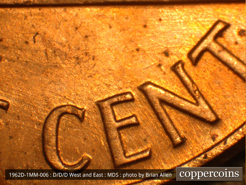 Die-stage B marker on 1962D•1MM•006 (1962 Repunched Mint Mark).