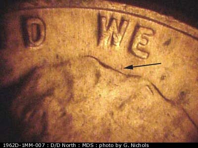 Die-stage B marker on 1962D•1MM•007 (1962 Repunched Mint Mark).