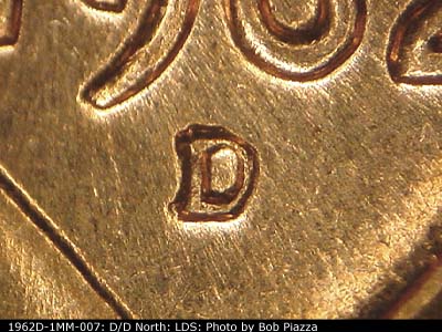 Die-stage C marker on 1962D•1MM•007 (1962 Repunched Mint Mark).