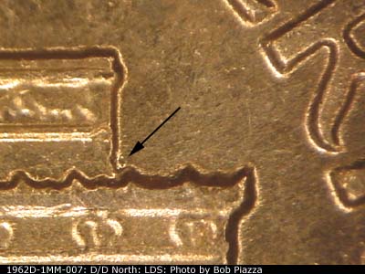Die-stage C marker on 1962D•1MM•007 (1962 Repunched Mint Mark).
