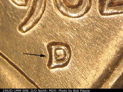 1962 Lincoln cent obverse, CopperCoins die 1962D•1MM•008.