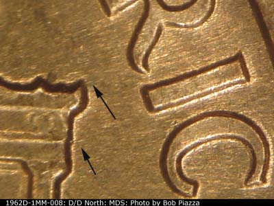 Die-stage B marker on 1962D•1MM•008 (1962 Repunched Mint Mark).
